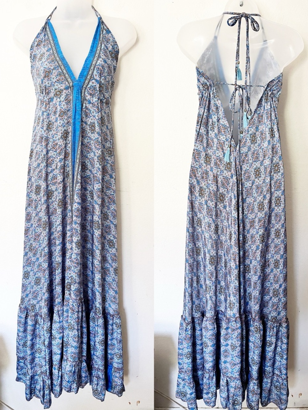 Karma Highway Maxi Dress OS Halter Tassel Tie V Neck Open Back Boho Festival